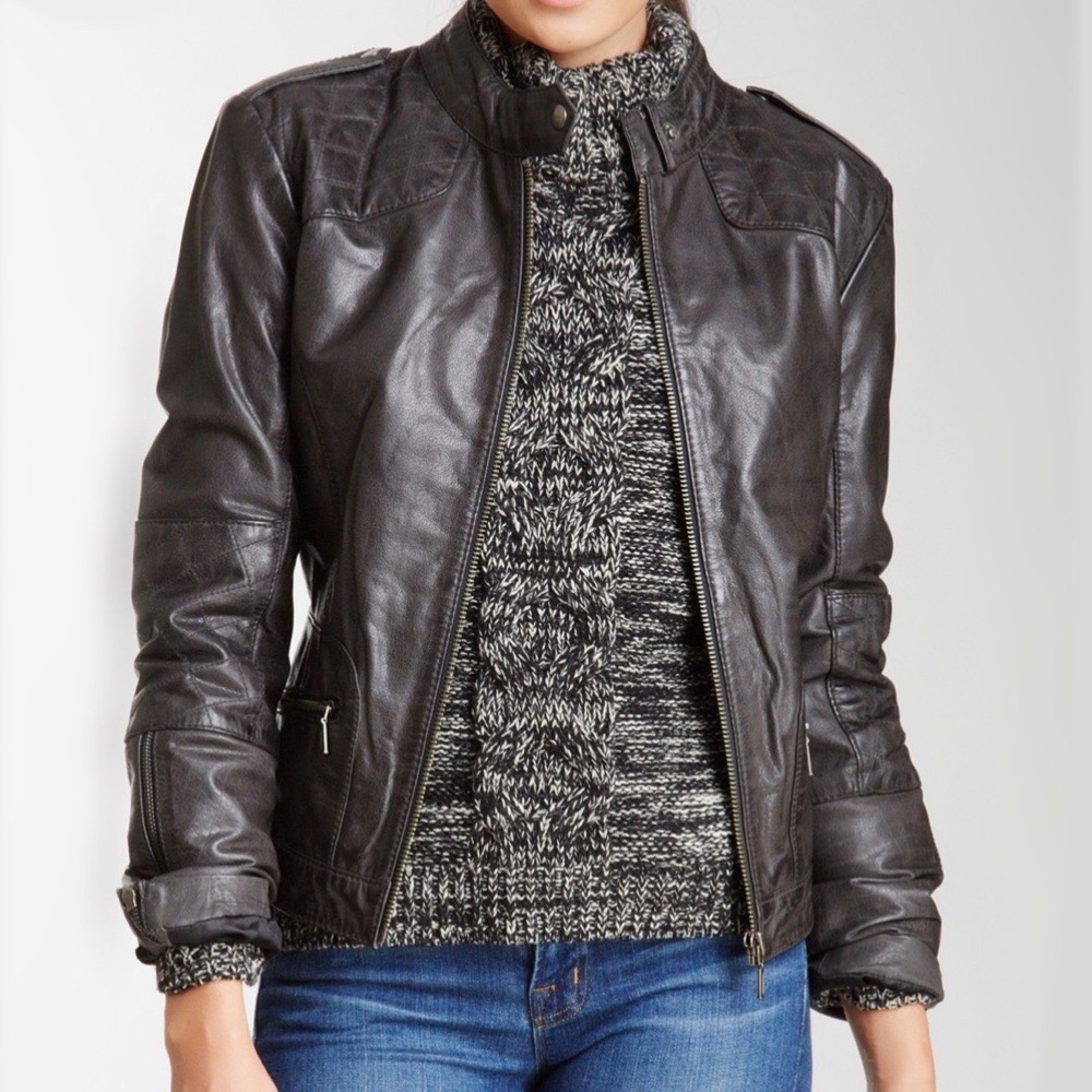 Whet Blu Quilted Panel Leather Jacket Gray XS